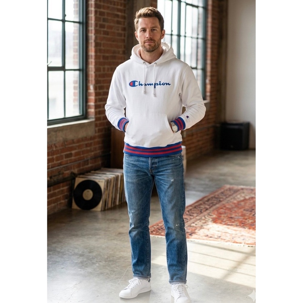 Champion Reverse Weave Hoodie Mens Medium White Blue Red Striped Cuffs S3290